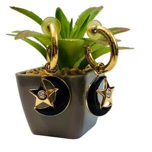 Vintage 80's Earrings Black Half Moon Gold Hoop Dangle Rhinestone Spacecore